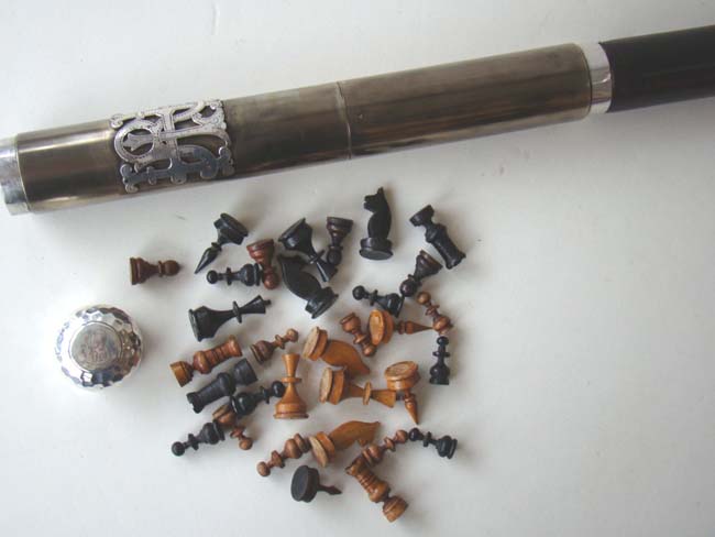 A FABULOUS Silver mounted Walking Stick containing a complete carved wooden chess set and fold up chess board circa 1900. — image 4